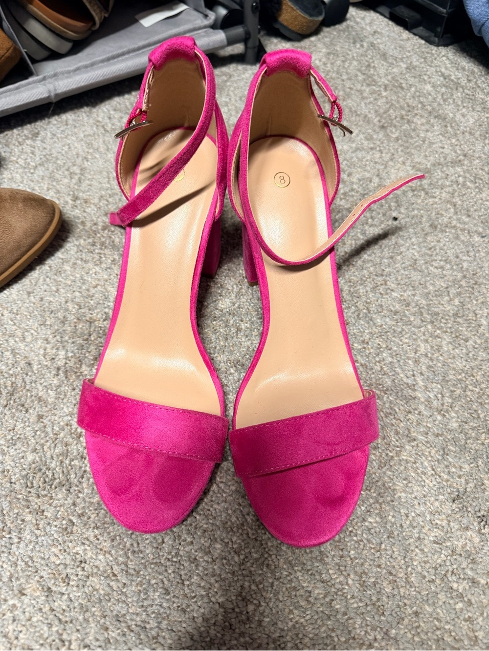 Open-Toe Ankle Strap Block Heels in Bright Pink